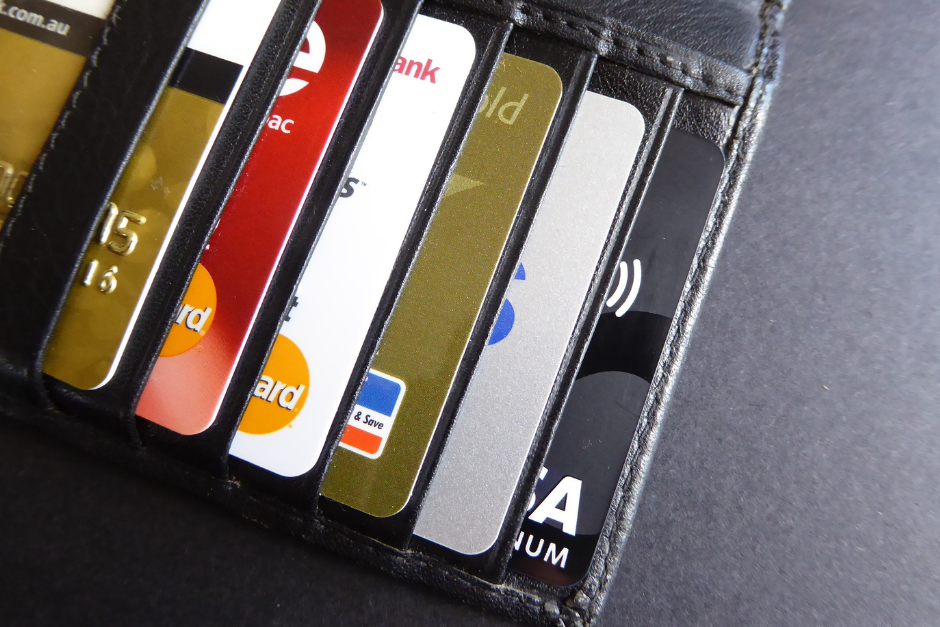 A black wallet with credit cards.